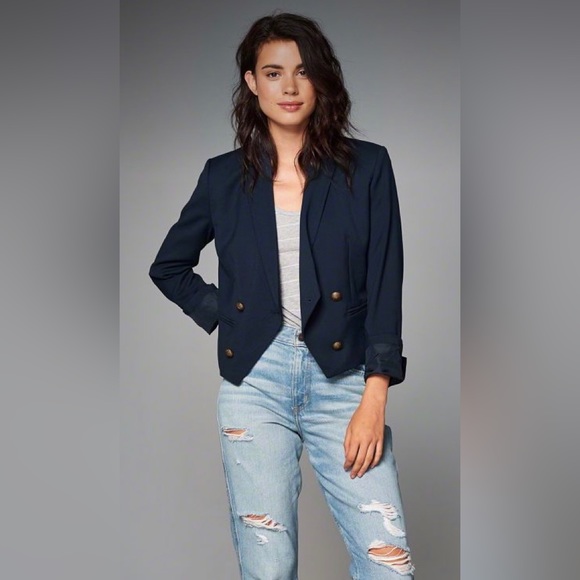 Abercrombie Navy Double-breasted Crop-style Blazer (Size L) - Picture 1 of 6